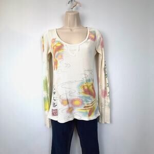 Lucky Brand Y2k Waffle T Shirt Colorful Koi Water Asian Inspired Long Sleeve